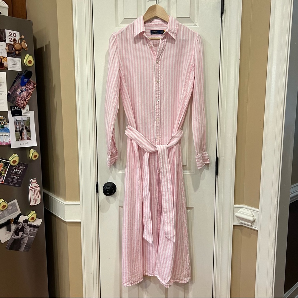 Polo Ralph Lauren Striped Linen Shirtdress with Belt Pink White Women’s Size 6